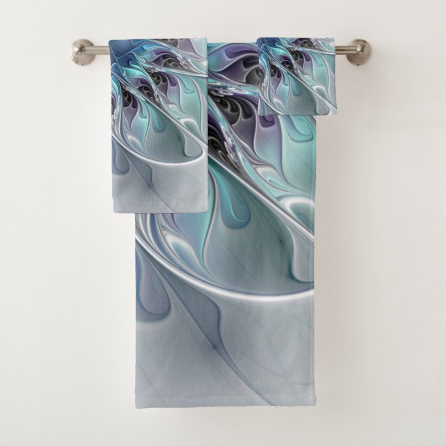Flourish Abstract Modern Fractal Flower With Blue Bath Towel Set (Insitu)