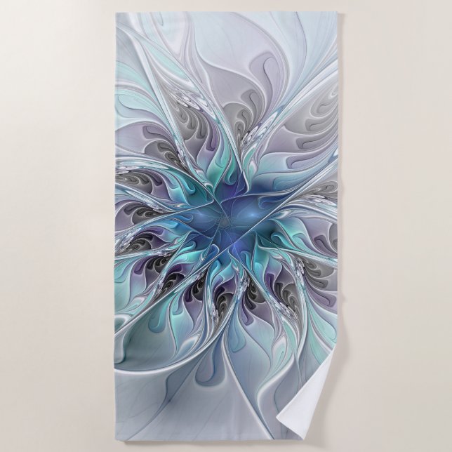 Flourish Abstract Modern Fractal Flower With Blue Beach Towel (Front)
