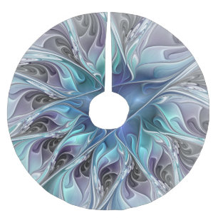 Flourish Abstract Modern Fractal Flower With Blue Brushed Polyester Tree Skirt