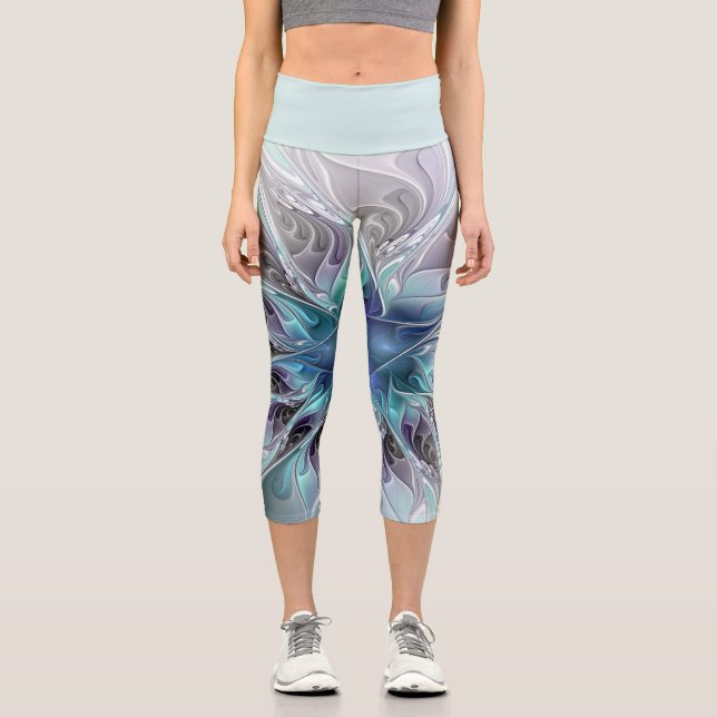 Flourish Abstract Modern Fractal Flower With Blue Capri Leggings (Front)