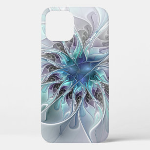 Flourish Abstract Modern Fractal Flower With Blue iPhone 12 Pro Case