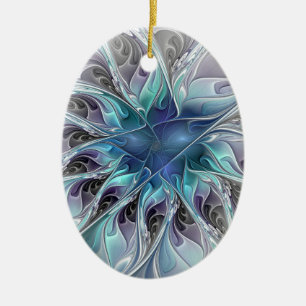 Flourish Abstract Modern Fractal Flower With Blue Ceramic Ornament