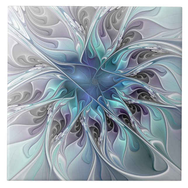 Flourish Abstract Modern Fractal Flower With Blue Ceramic Tile (Front)