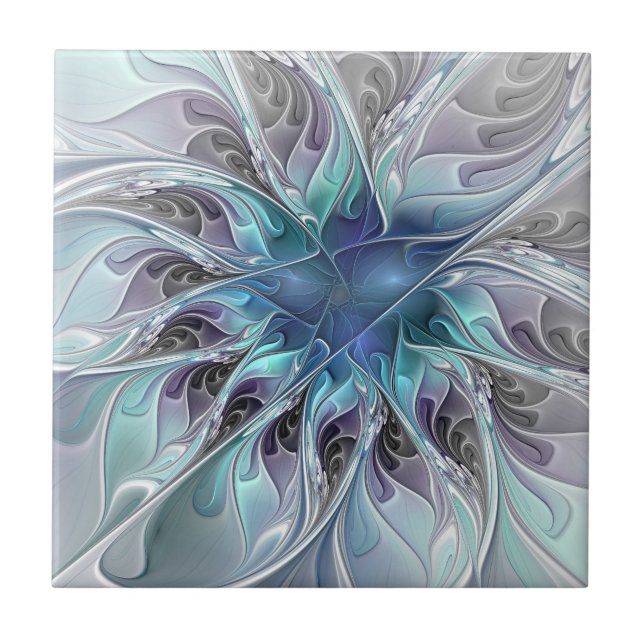 Flourish Abstract Modern Fractal Flower With Blue Ceramic Tile (Front)