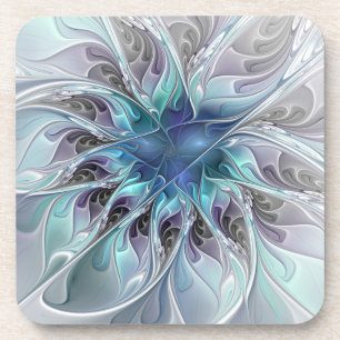 Flourish Abstract Modern Fractal Flower With Blue Coaster