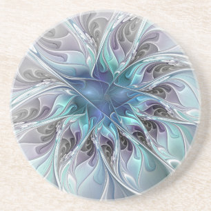 Flourish Abstract Modern Fractal Flower With Blue Coaster