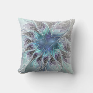 Flourish Abstract Modern Fractal Flower With Blue Cushion