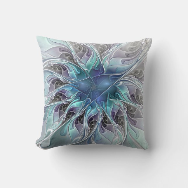 Flourish Abstract Modern Fractal Flower With Blue Cushion (Front)