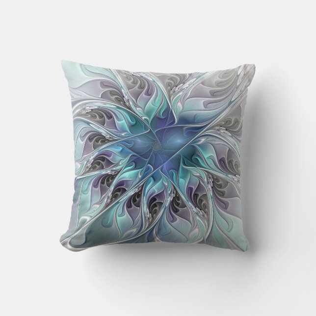 Flourish Abstract Modern Fractal Flower With Blue Cushion (Front)