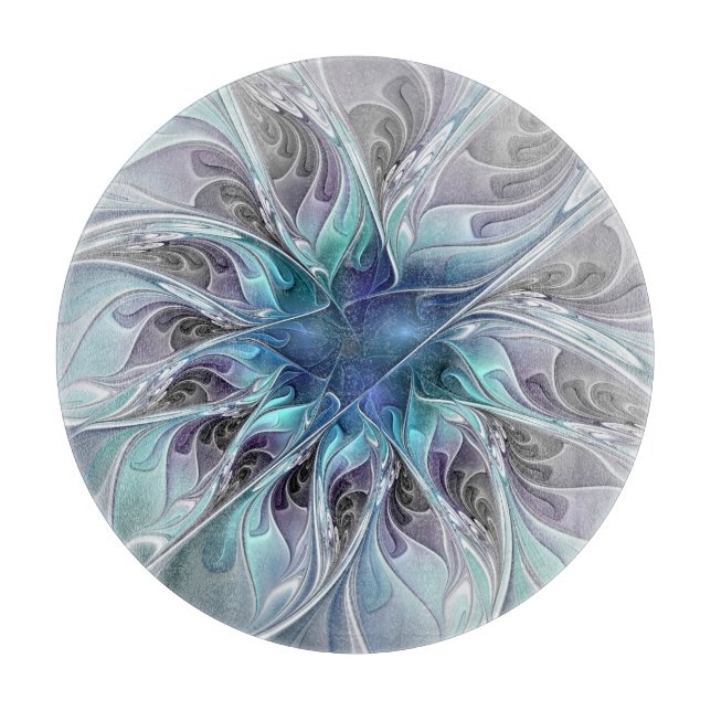 Flourish Abstract Modern Fractal Flower With Blue Cutting Board (Front)