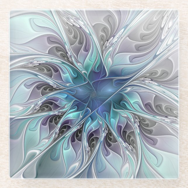 Flourish Abstract Modern Fractal Flower With Blue Glass Coaster (Front)