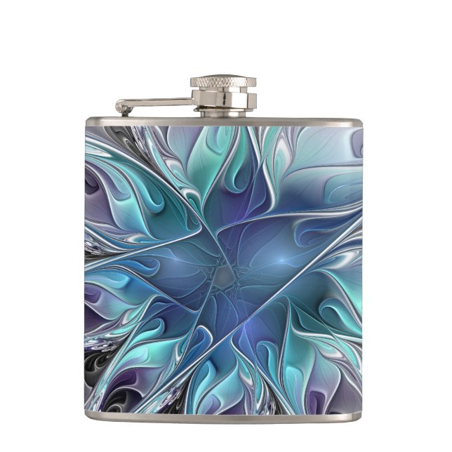 Flourish Abstract Modern Fractal Flower With Blue Hip Flask (Front)