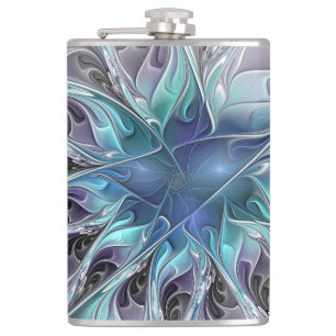 Flourish Abstract Modern Fractal Flower With Blue Hip Flask