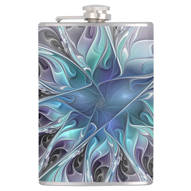 Flourish Abstract Modern Fractal Flower With Blue Hip Flask (Front)