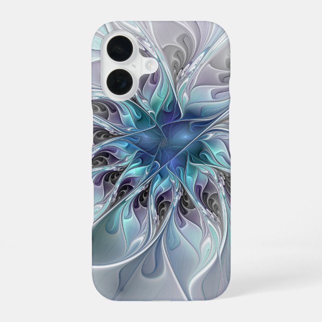 Flourish Abstract Modern Fractal Flower With Blue iPhone 16 Case (Back)