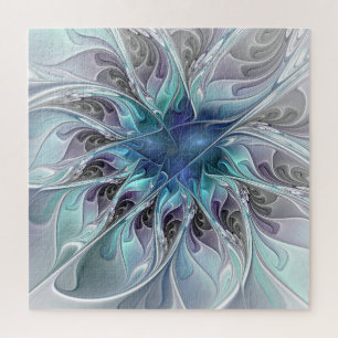 Flourish Abstract Modern Fractal Flower With Blue Jigsaw Puzzle