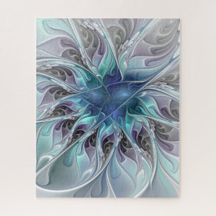 Flourish Abstract Modern Fractal Flower With Blue Jigsaw Puzzle