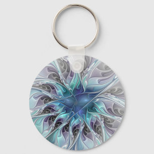 Flourish Abstract Modern Fractal Flower With Blue Key Ring