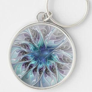 Flourish Abstract Modern Fractal Flower With Blue Key Ring