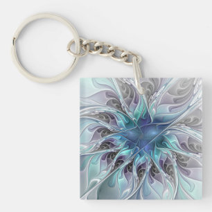 Flourish Abstract Modern Fractal Flower With Blue Key Ring
