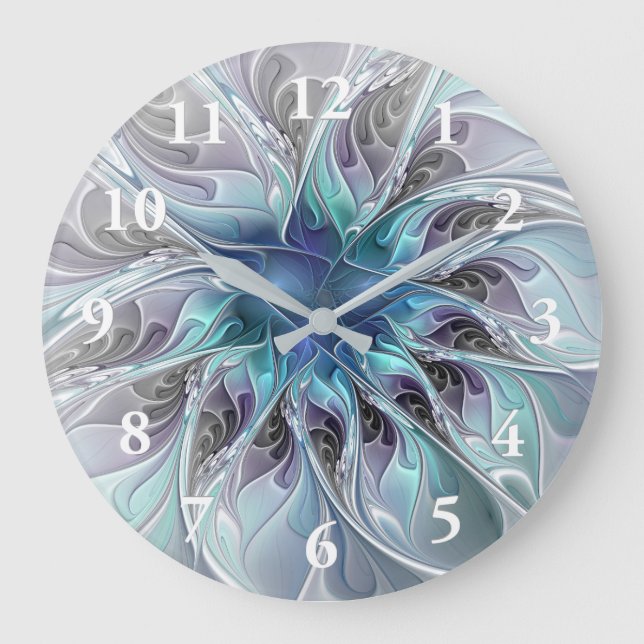 Flourish Abstract Modern Fractal Flower With Blue Large Clock (Front)
