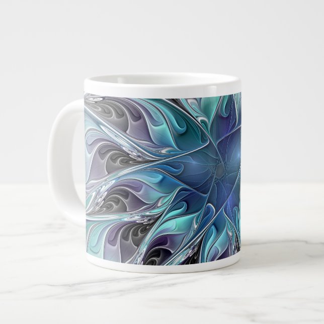 Flourish Abstract Modern Fractal Flower With Blue Large Coffee Mug (Front Left)