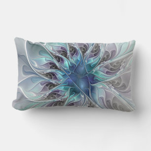 Flourish Abstract Modern Fractal Flower With Blue Lumbar Cushion