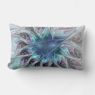 Flourish Abstract Modern Fractal Flower With Blue Lumbar Cushion