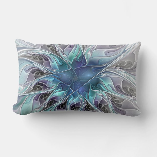 Flourish Abstract Modern Fractal Flower With Blue Lumbar Cushion (Front)
