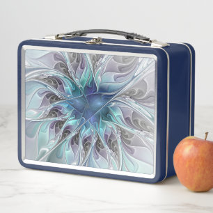 Flourish Abstract Modern Fractal Flower With Blue Metal Lunch Box