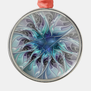 Flourish Abstract Modern Fractal Flower With Blue Metal Ornament