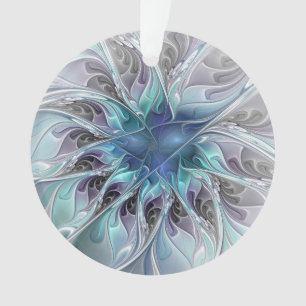 Flourish Abstract Modern Fractal Flower With Blue Ornament