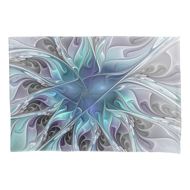 Flourish Abstract Modern Fractal Flower With Blue Pillowcase (Front)