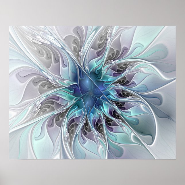 Flourish Abstract Modern Fractal Flower With Blue Poster (Front)