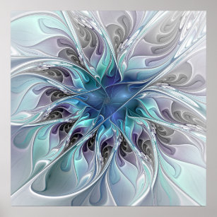 Flourish Abstract Modern Fractal Flower With Blue Poster