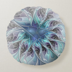 Flourish Abstract Modern Fractal Flower With Blue Round Cushion