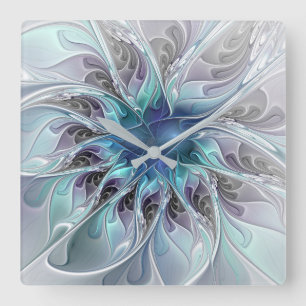 Flourish Abstract Modern Fractal Flower With Blue Square Wall Clock