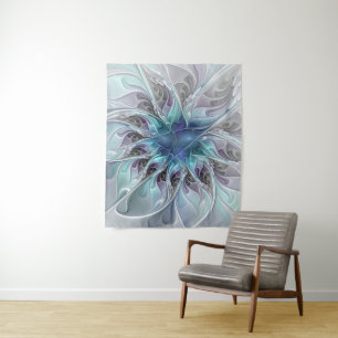 Flourish Abstract Modern Fractal Flower With Blue Tapestry