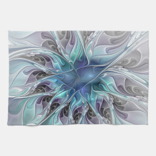 Flourish Abstract Modern Fractal Flower With Blue Tea Towel