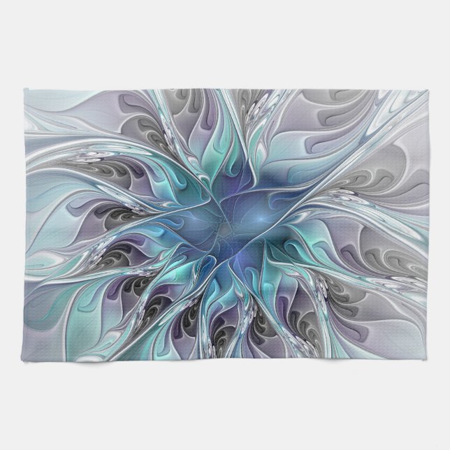 Flourish Abstract Modern Fractal Flower With Blue Tea Towel (Horizontal)