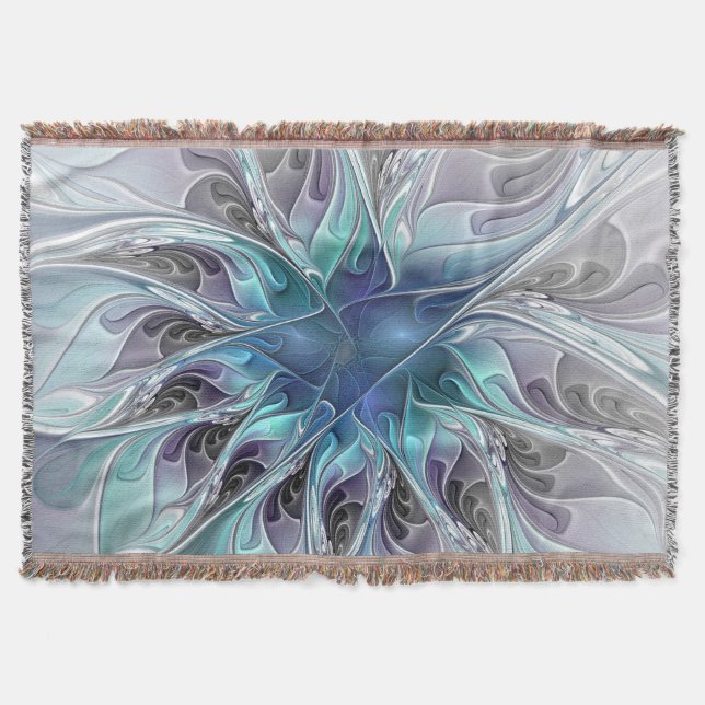 Flourish Abstract Modern Fractal Flower With Blue Throw Blanket (Front)