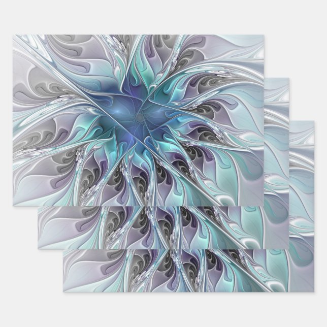 Flourish Abstract Modern Fractal Flower With Blue Wrapping Paper Sheet (Set)