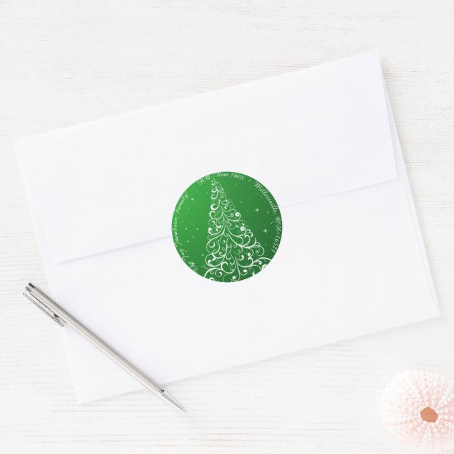 Flourish Christmas Tree Green  Return Address Classic Round Sticker (Envelope)