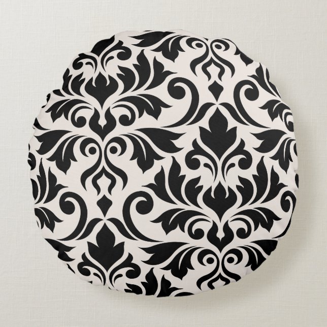 Flourish Damask Art I 2Way Black + Cream Round Cushion (Front)