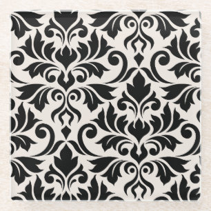 Flourish Damask Art I Black on Cream Glass Coaster