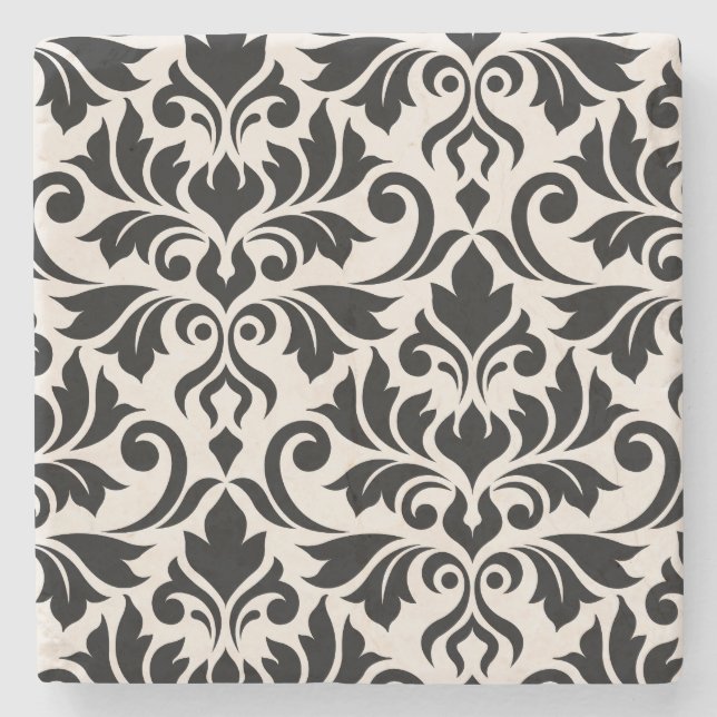 Flourish Damask Art I Black on Cream Stone Coaster (Front)