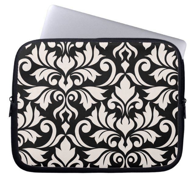 Flourish Damask Art I Cream on Black Laptop Sleeve (Front)