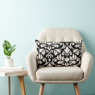 Flourish Damask Art I Cream on Black Lumbar Cushion