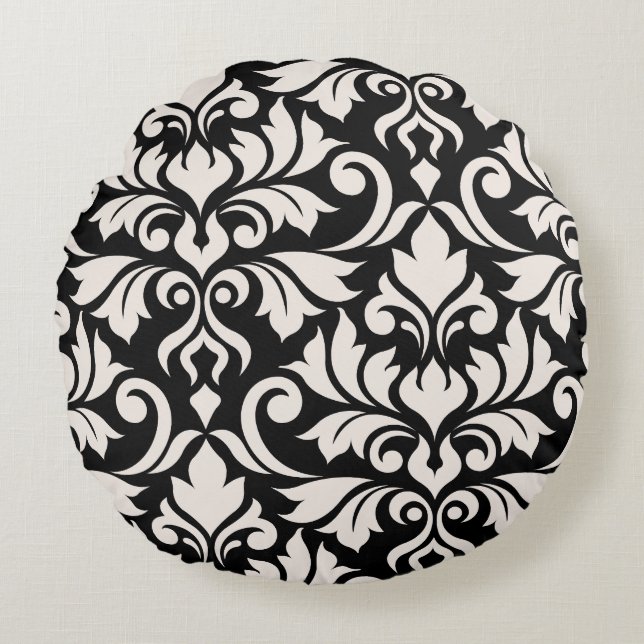 Flourish Damask Art I Cream on Black Round Cushion (Front)