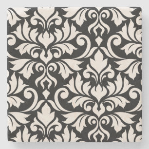 Flourish Damask Art I Cream on Black Stone Coaster